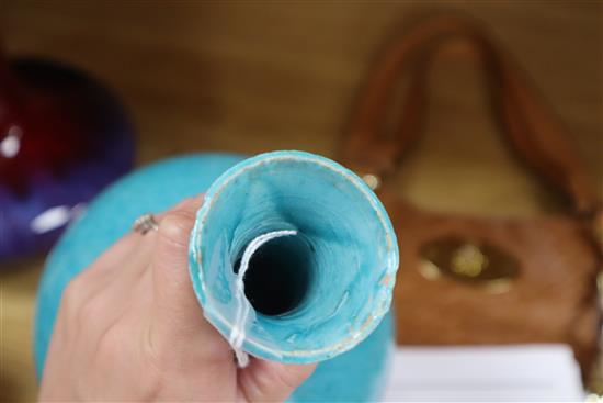 A turquoise glazed art pottery vase, a Chinese flambe vase and two studio pottery vessels